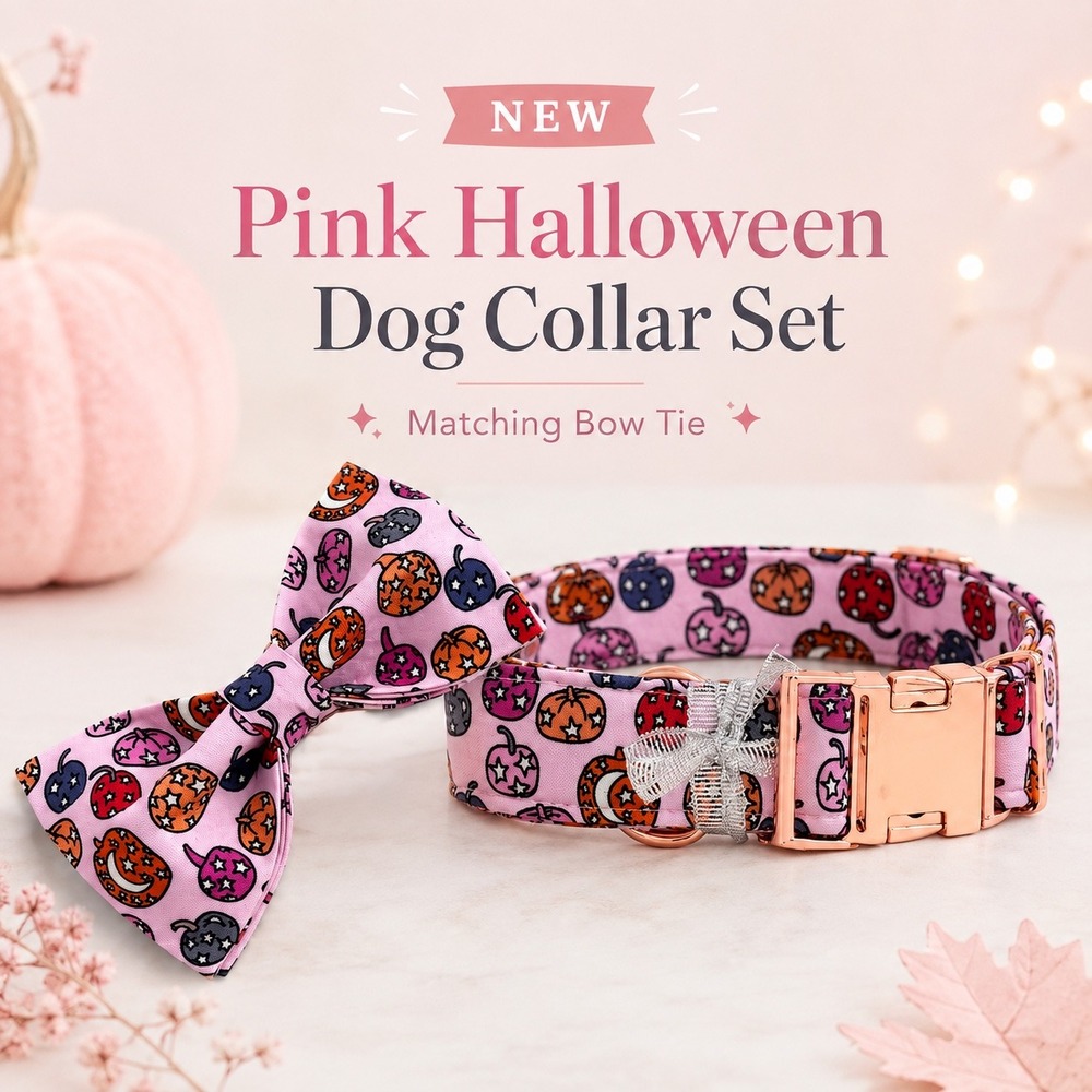 Pink Halloween Pumpkin Dog Collar Bow Tie Set Adjustable Pet Costume